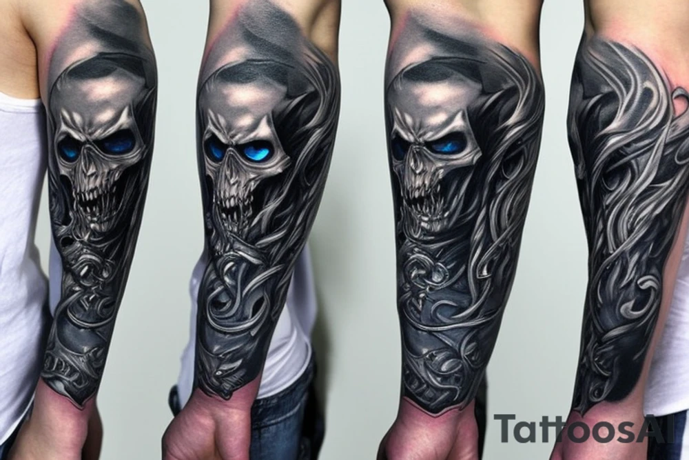 Sleeve lich king black blue tattoo idea