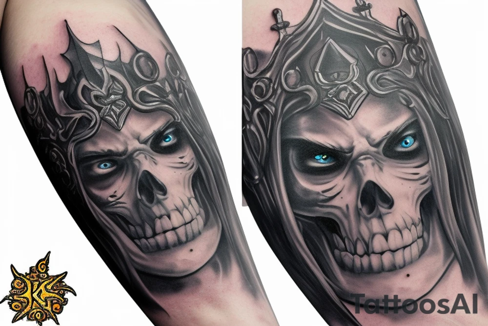 Sleeve lich king black blue tattoo idea