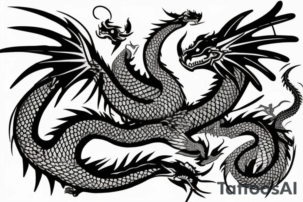 Tattoo starting on the neck and ending on the chest, of two dragons on each shoulder with the tail up to the chest. tattoo idea