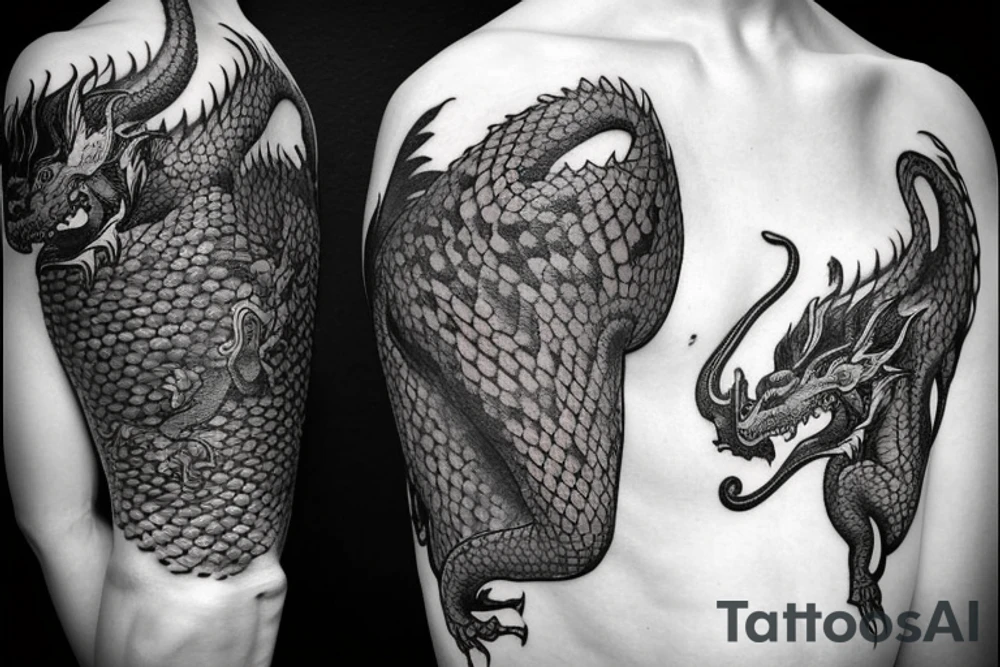 Tattoo starting on the neck and ending on the chest, of two dragons on each shoulder with the tail up to the chest. tattoo idea