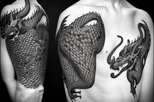Tattoo starting on the neck and ending on the chest, of two dragons on each shoulder with the tail up to the chest. tattoo idea