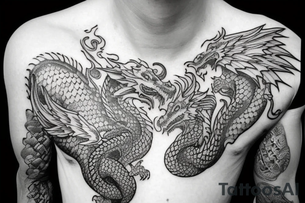Tattoo starting on the neck and ending on the chest, of two dragons on each shoulder with the tail up to the chest. tattoo idea