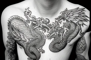 Tattoo starting on the neck and ending on the chest, of two dragons on each shoulder with the tail up to the chest. tattoo idea