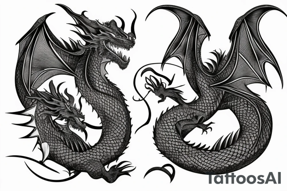 Tattoo starting on the neck and ending on the chest, of two dragons on each shoulder with the tail up to the chest. tattoo idea