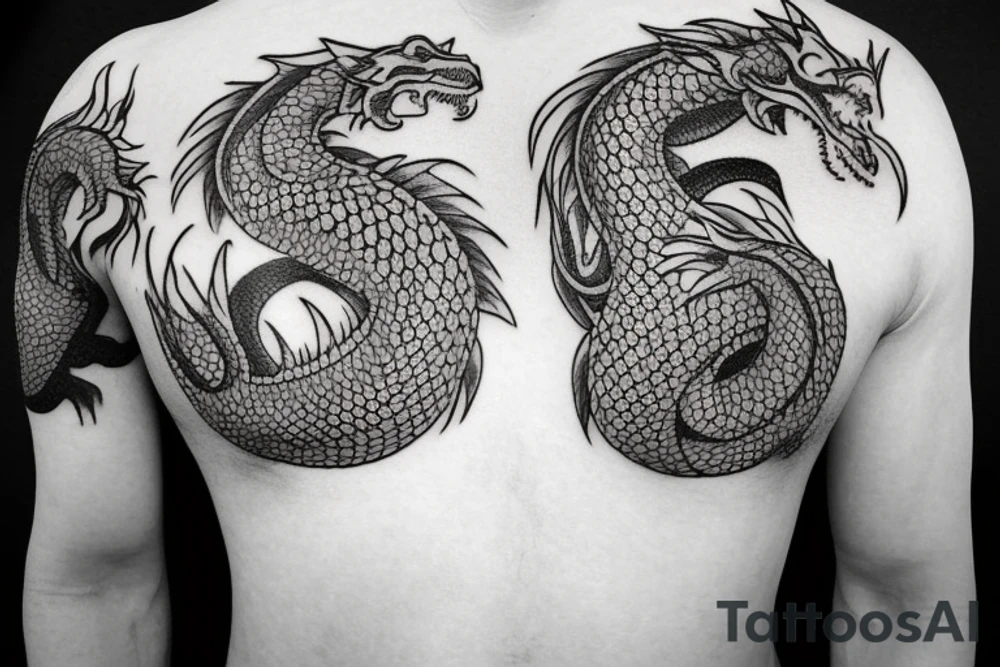 Tattoo starting on the neck and ending on the chest, of two dragons on each shoulder with the tail up to the chest. tattoo idea
