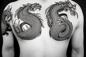Tattoo starting on the neck and ending on the chest, of two dragons on each shoulder with the tail up to the chest. tattoo idea