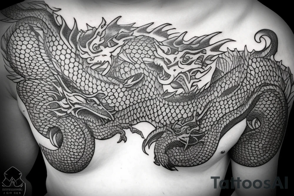 Tattoo starting on the neck and ending on the chest, of two dragons on each shoulder with the tail up to the chest. tattoo idea