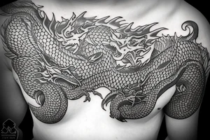 Tattoo starting on the neck and ending on the chest, of two dragons on each shoulder with the tail up to the chest. tattoo idea