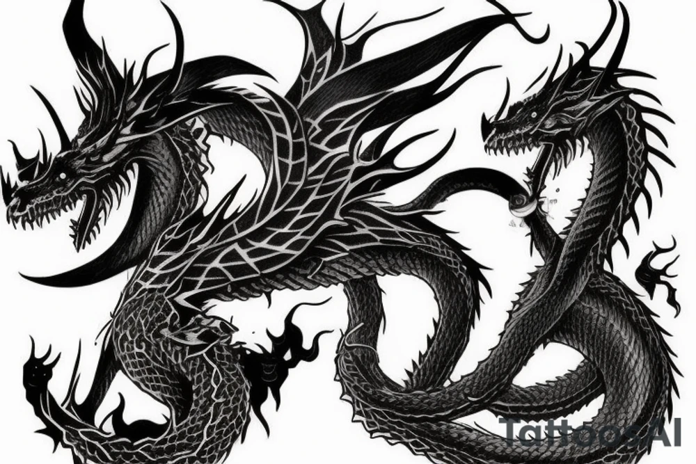 Tattoo starting on the neck and ending on the chest, of two satanic slender dragons on each shoulder with the tail up to the chest. tattoo idea