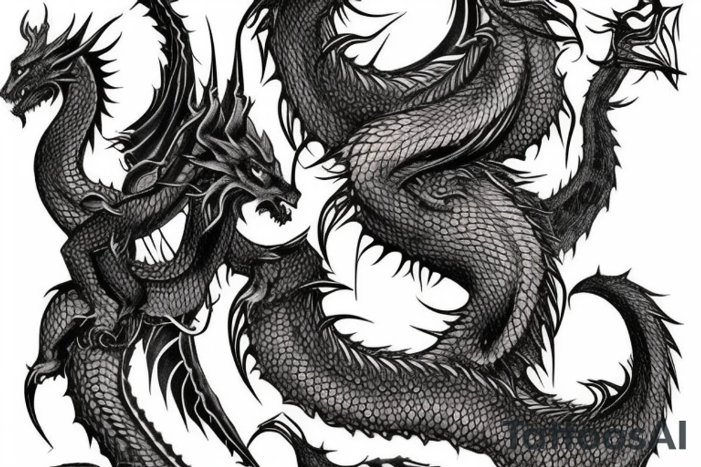 Tattoo starting on the neck and ending on the chest, of two satanic slender dragons on each shoulder with the tail up to the chest. tattoo idea