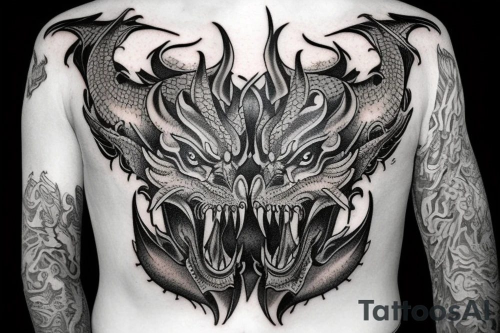 Tattoo starting on the neck and ending on the chest, of two satanic slender dragons on each shoulder with the tail up to the chest. tattoo idea