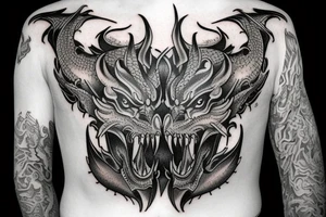 Tattoo starting on the neck and ending on the chest, of two satanic slender dragons on each shoulder with the tail up to the chest. tattoo idea