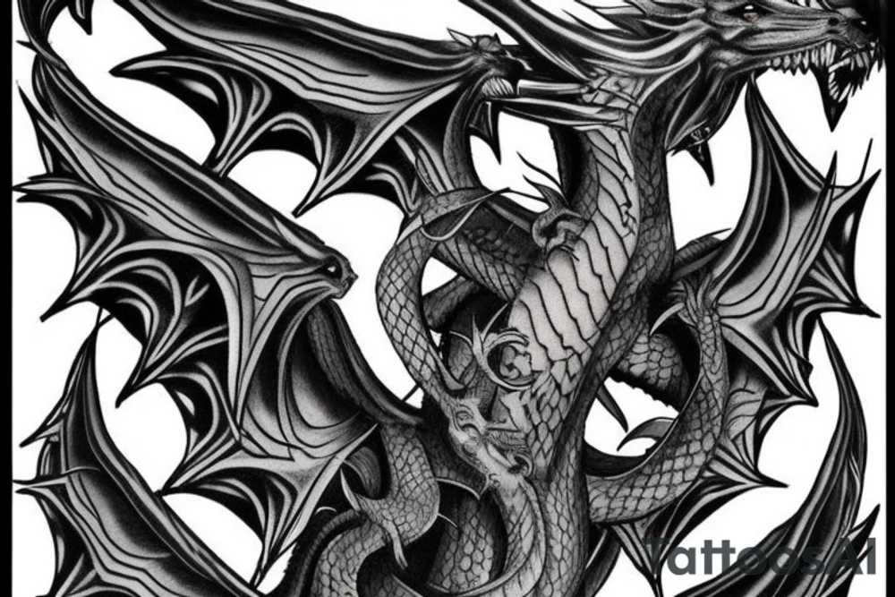 Tattoo starting on the neck and ending on the chest, of two satanic slender dragons on each shoulder with the tail up to the chest. tattoo idea