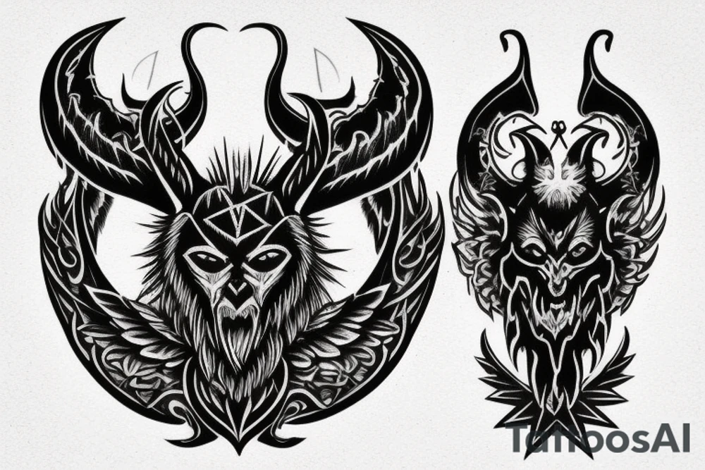 Tattoo starting on the neck and ending on the chest, of two small satanic figures on each shoulder with the tail to the chest. tattoo idea