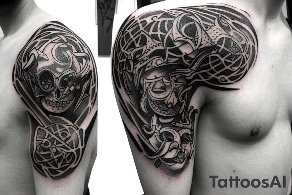 Tattoo starting on the neck and ending on the chest, of two small satanic figures on each shoulder with the tail to the chest. tattoo idea