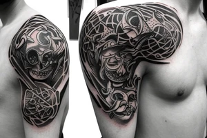 Tattoo starting on the neck and ending on the chest, of two small satanic figures on each shoulder with the tail to the chest. tattoo idea