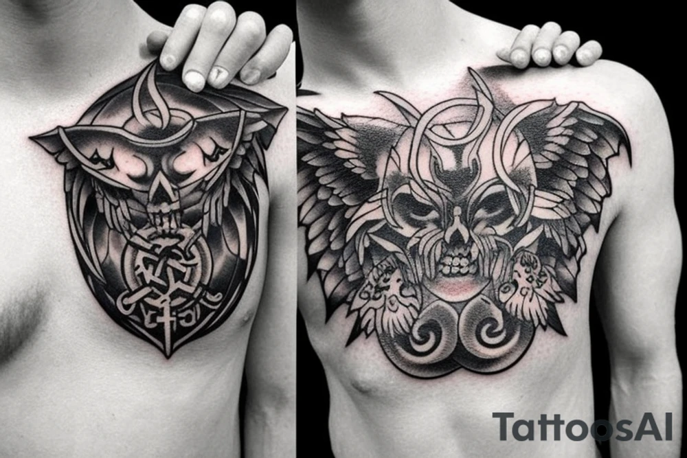 Tattoo starting on the neck and ending on the chest, of two small satanic figures on each shoulder with the tail to the chest. tattoo idea