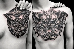 Tattoo starting on the neck and ending on the chest, of two small satanic figures on each shoulder with the tail to the chest. tattoo idea
