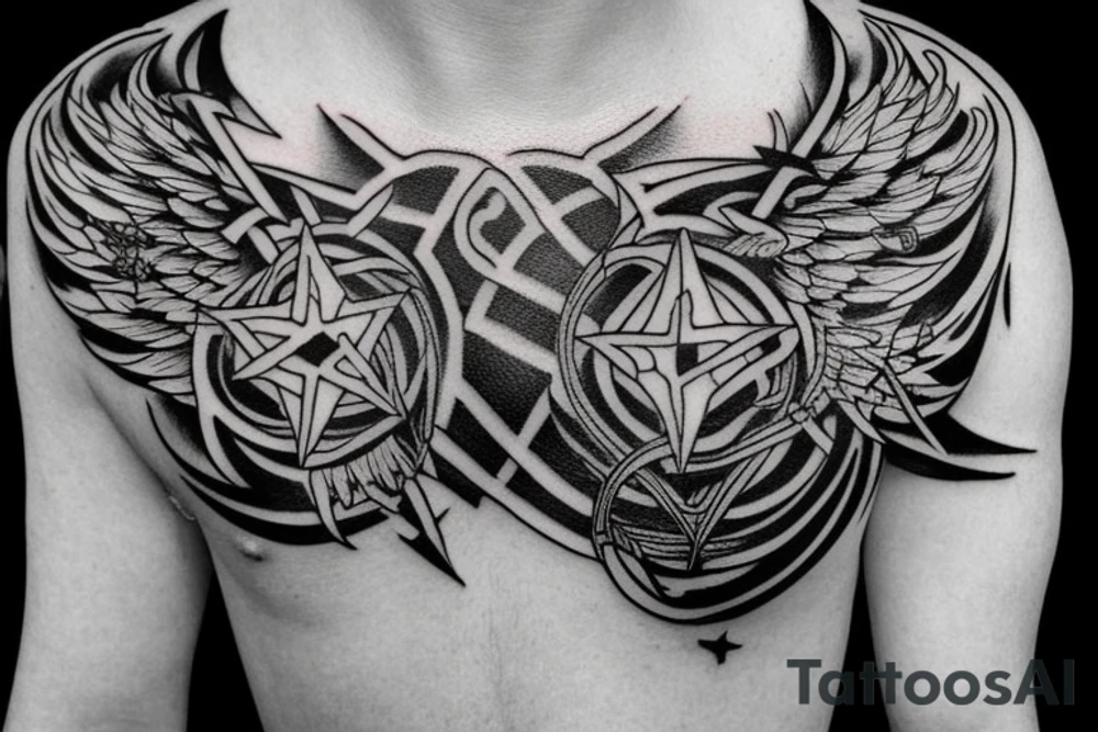 Tattoo starting on the neck and ending on the chest, of two small satanic figures on each shoulder with the tail to the chest. tattoo idea