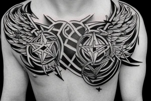 Tattoo starting on the neck and ending on the chest, of two small satanic figures on each shoulder with the tail to the chest. tattoo idea