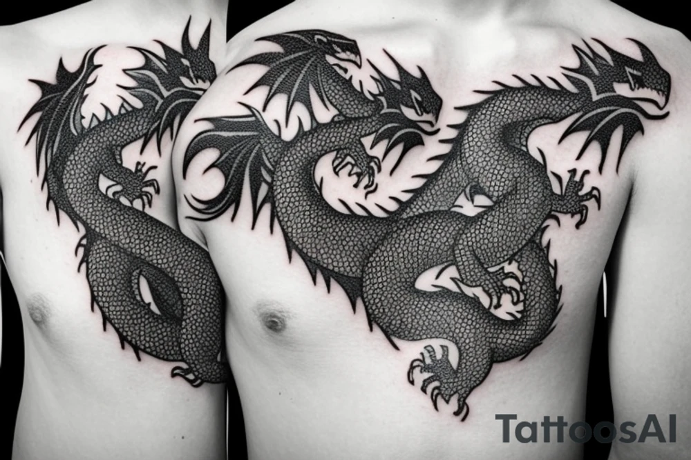 Tattoo starting on the neck and ending on the chest, of two small dragons figures on each shoulder with the tail to the chest. tattoo idea