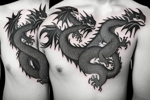 Tattoo starting on the neck and ending on the chest, of two small dragons figures on each shoulder with the tail to the chest. tattoo idea