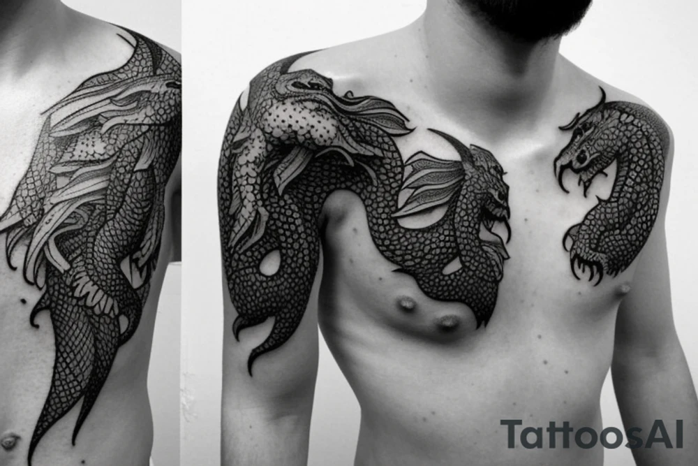 Tattoo starting on the neck and ending on the chest, of two small dragons figures on each shoulder with the tail to the chest. tattoo idea