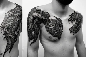 Tattoo starting on the neck and ending on the chest, of two small dragons figures on each shoulder with the tail to the chest. tattoo idea