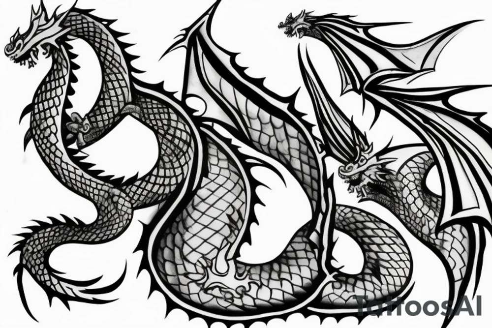 Tattoo starting on the neck and ending on the chest, of two small dragons figures on each shoulder with the tail to the chest. tattoo idea
