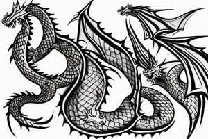 Tattoo starting on the neck and ending on the chest, of two small dragons figures on each shoulder with the tail to the chest. tattoo idea