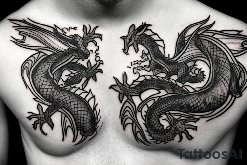 Tattoo starting on the neck and ending on the chest, of two small dragons figures on each shoulder with the tail to the chest. tattoo idea