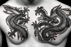 Tattoo starting on the neck and ending on the chest, of two small dragons figures on each shoulder with the tail to the chest. tattoo idea