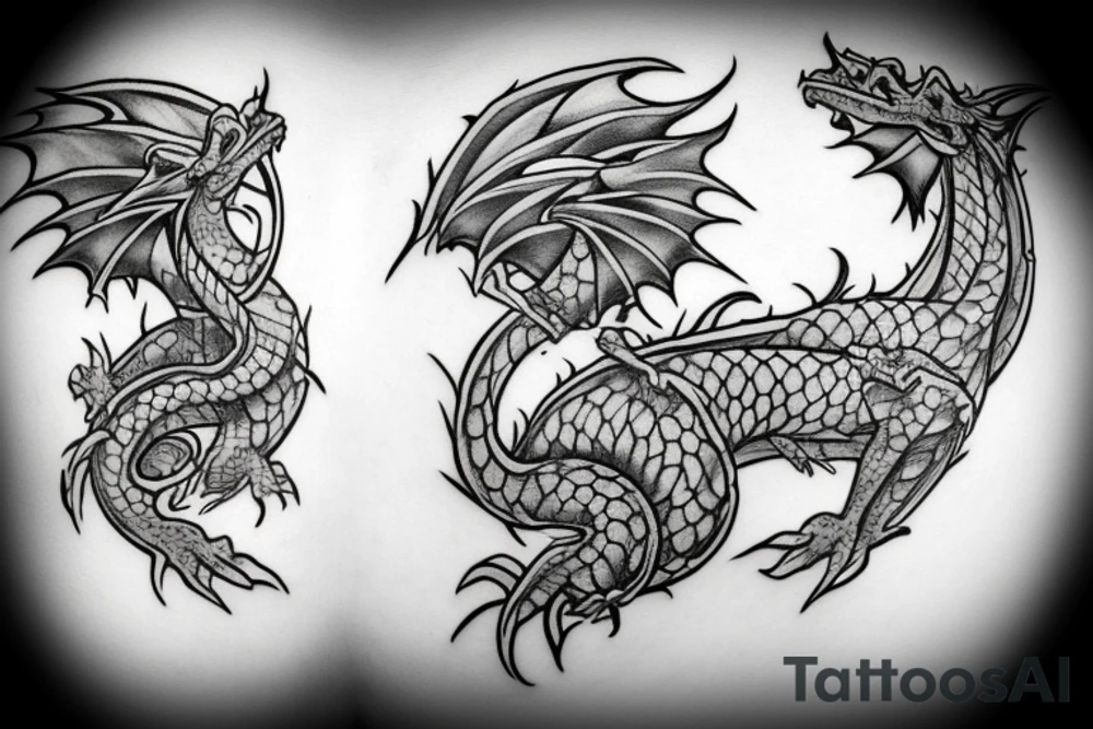 Tattoo starting on the neck and ending on the chest, of two small dragons satanic on each shoulder with the tail to the chest. tattoo idea