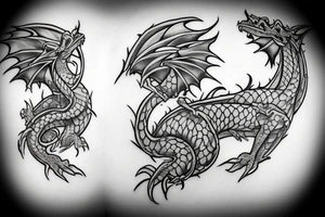 Tattoo starting on the neck and ending on the chest, of two small dragons satanic on each shoulder with the tail to the chest. tattoo idea