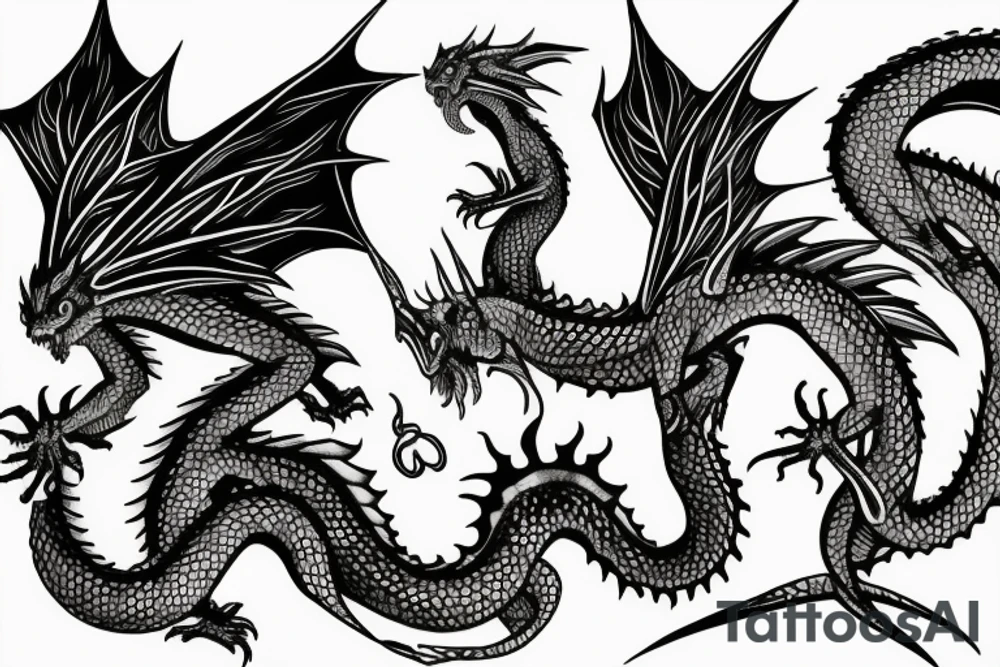 Tattoo starting on the neck and ending on the chest, of two small dragons satanic on each shoulder with the tail to the chest. tattoo idea