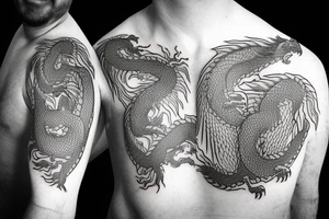 Two dragon tails from shoulder to chest tattoo idea