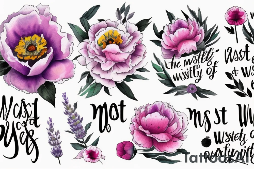 Quote “The most wasted of days is one without laughter” with floral accents of peony, lavender, and poppy tattoo idea