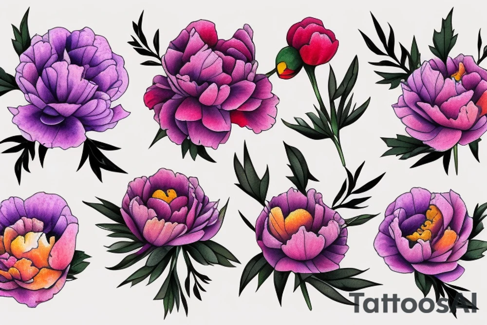 Peony, poppy, lavender, marigold tattoo idea