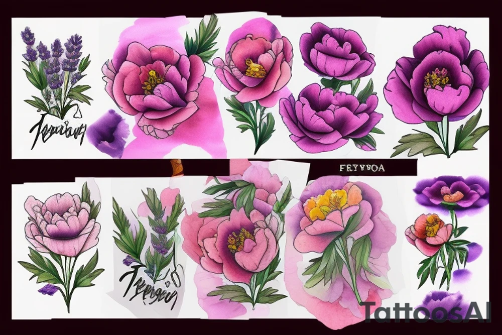 Peony, poppy, lavender, marigold tattoo idea