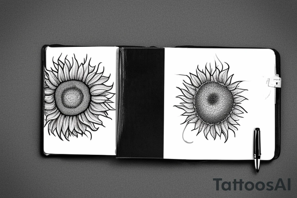 one peel of the sunflower seeds is an open book, the second peel of the sunflower seeds is an open laptop, a person falls out of them in the fetal position tattoo idea