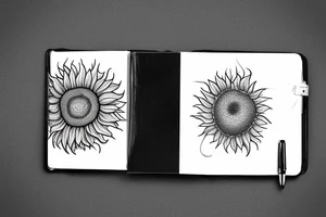 one peel of the sunflower seeds is an open book, the second peel of the sunflower seeds is an open laptop, a person falls out of them in the fetal position tattoo idea