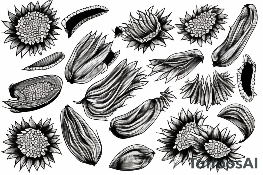 one peel of the sunflower seeds is an open book, the second peel of the sunflower seeds is an open laptop, a person falls out of them in the fetal position tattoo idea