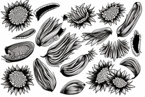 one peel of the sunflower seeds is an open book, the second peel of the sunflower seeds is an open laptop, a person falls out of them in the fetal position tattoo idea