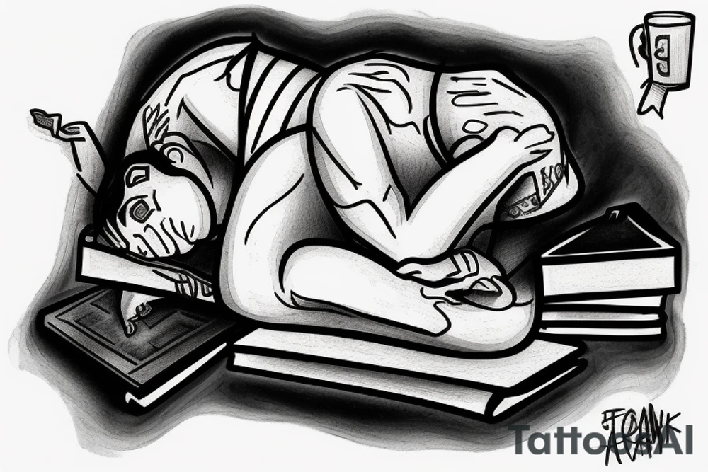 a man falls out of an open book and an open laptop in the fetal position tattoo idea