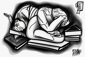 a man falls out of an open book and an open laptop in the fetal position tattoo idea