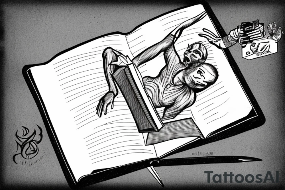 a man falls out of an open book and an open laptop in the fetal position tattoo idea