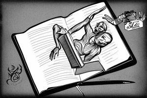 a man falls out of an open book and an open laptop in the fetal position tattoo idea