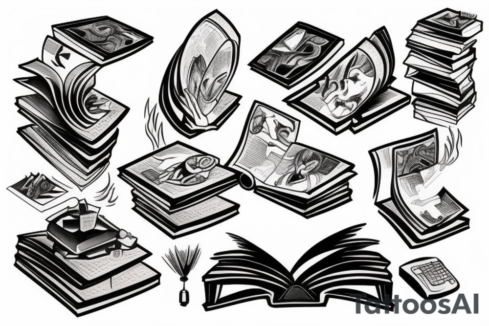 a man falls out of an open book and an open laptop in the fetal position tattoo idea