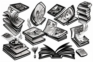 a man falls out of an open book and an open laptop in the fetal position tattoo idea