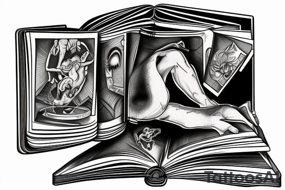 a man falls out of an open book and an open laptop in the fetal position tattoo idea